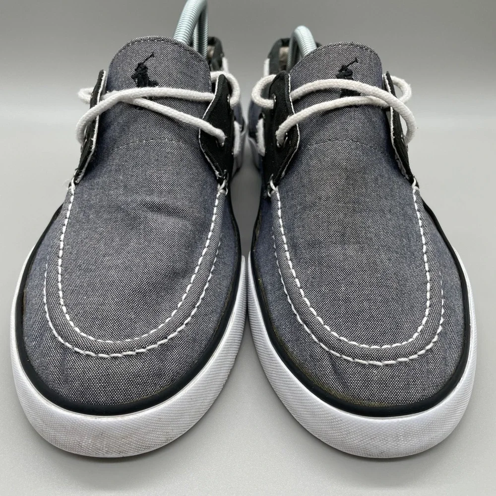 Polo Ralph Lauren Lander Boat Shoes Mens 10.5D Grey Black Chambray Loafers